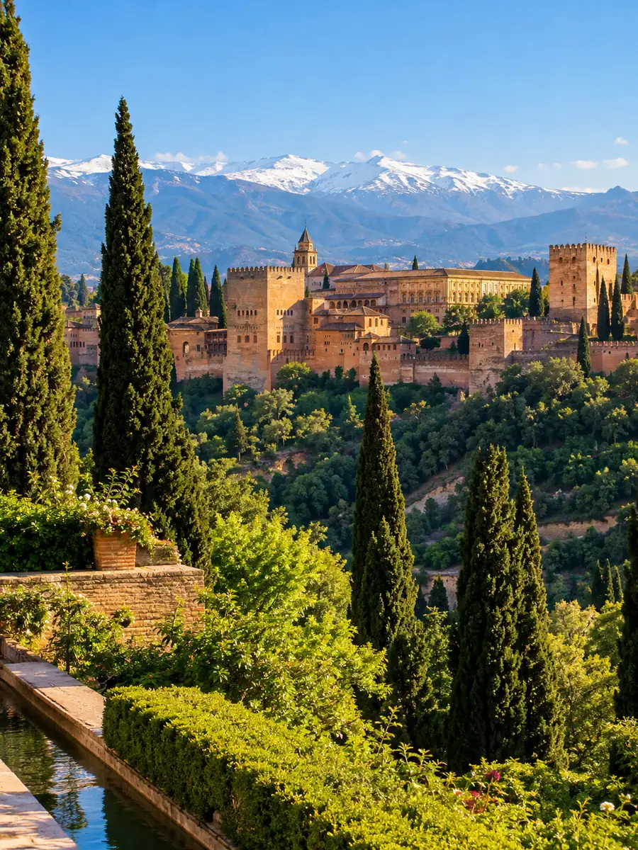 The red walls and towers of the Alhambra seen across the ravine from the Generalife gardens, with the snowy Sierra Nevada behind