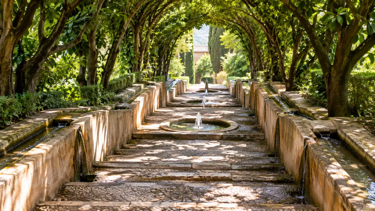 The Water Stairway in the Generalife, stone steps under laurel trees with water running in channels along the walls