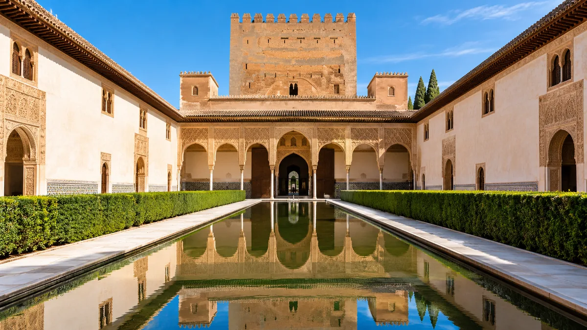 The Court of the Myrtles in the Nasrid Palaces, a long pool lined with myrtle hedges reflecting the Comares Tower