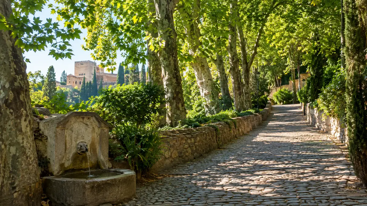 The cobbled Cuesta de Gomérez path climbing through the shady Alhambra woods past a stone fountain