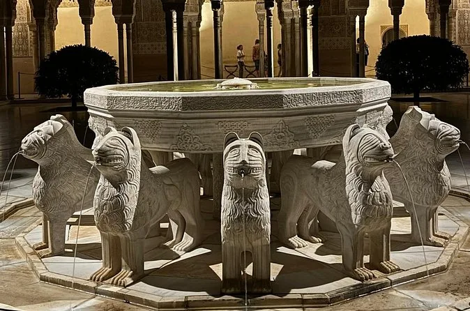 The Fountain of the Lions lit at night against dark arcades